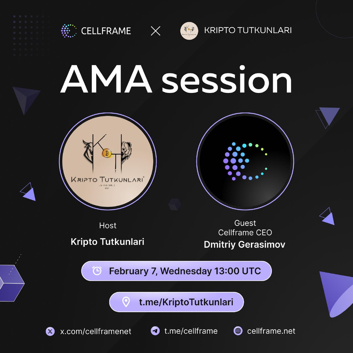 📣 #AMA with Kripto Tutkunları 🇹🇷 to take place tomorrow! 
 
Join - it will be interesting! 💫 
 
⌚ February 7, 2024 — 13:00 UTC 
👤 Dmitriy Gerasimov (Cellframe CEO) 
 
❗AMA session to be held on Kripto Tutkunları Telegram channel
👉🏻 Link: t.me/KriptoTutkunla…