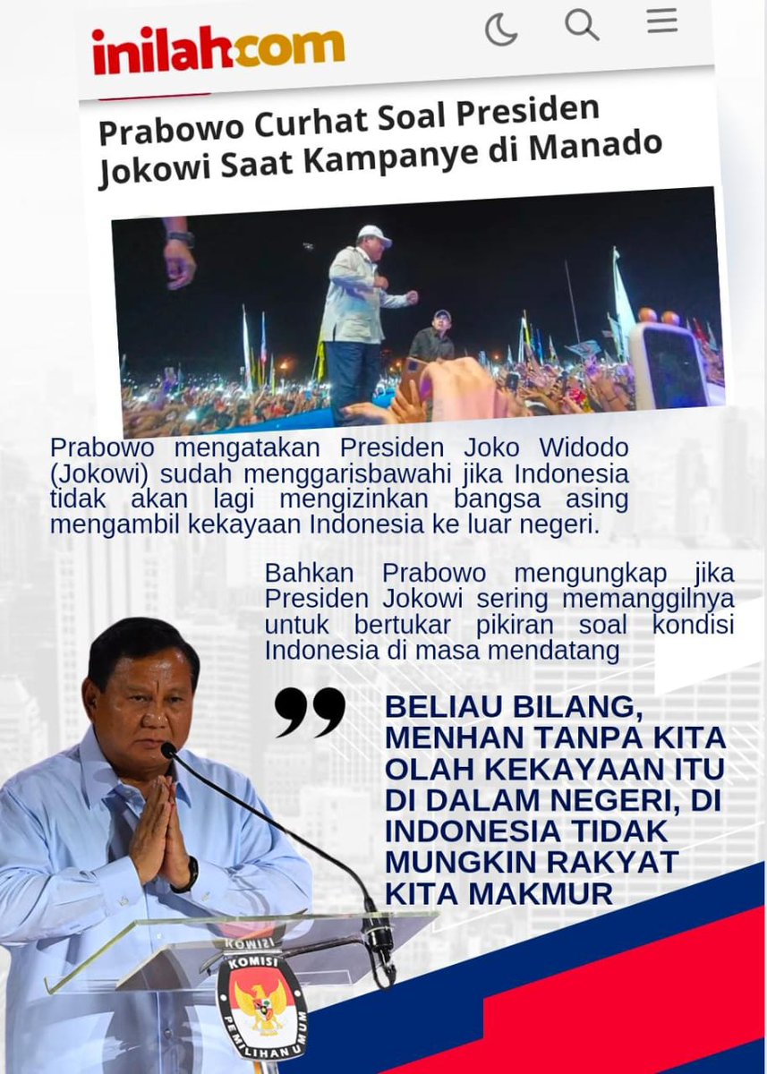 Calon Presiden (Capres) nomor urut 02, Prabowo Subianto mengatakan dirinya sering berdiskusi dengan Presiden Joko Widodo (Jokowi) soal permasalahan bangsa. Salah satunya terkait dengan kekayaan sumber daya alam Indonesia.#KenapaHarusPilih02