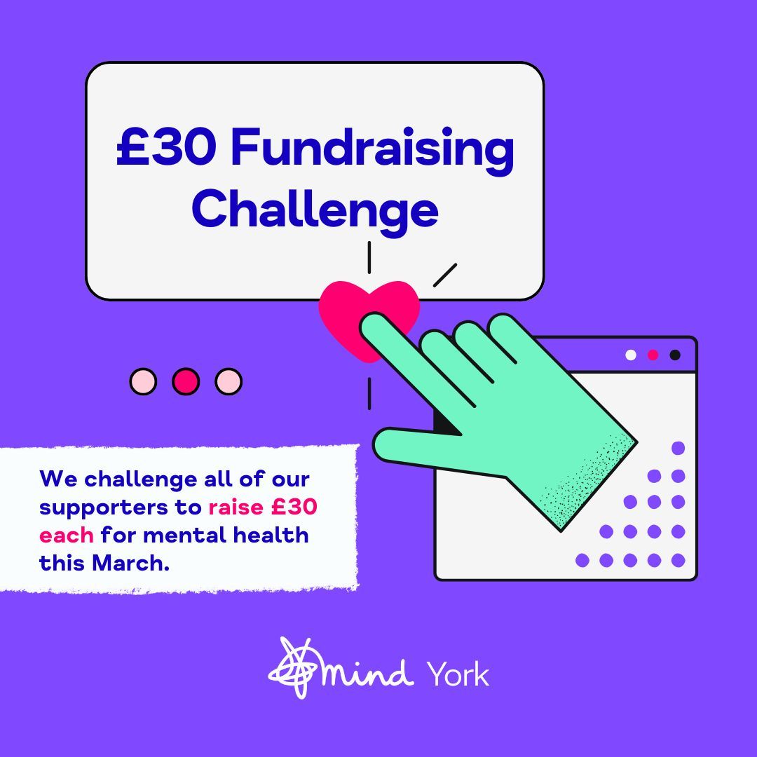 Exciting Challenge Ahead! This March, we will be calling on all our amazing supporters to join forces and make a difference for our mental health services in York. 🌟 Your challenge: Raise £30 Each! 🌟 Find out more: yorkmind.org.uk/get-involved/f…