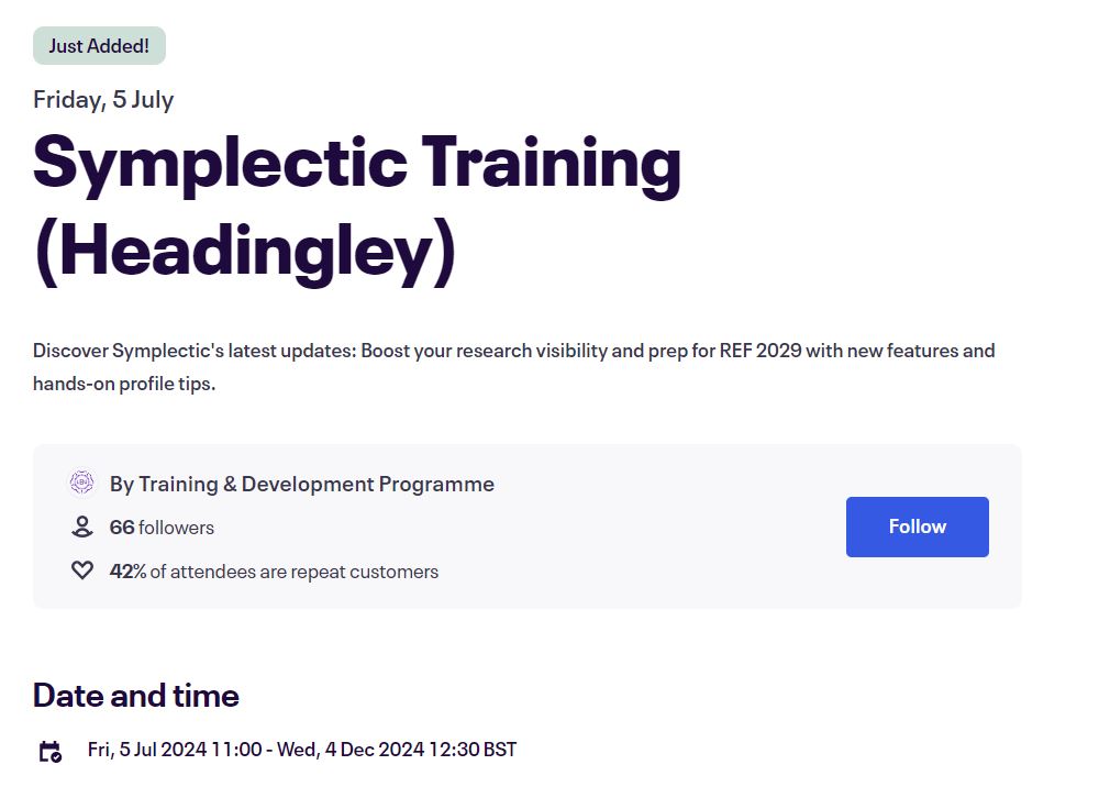 "Symplectic" training for LBU researchers - same session, different date and location! Explore Symplectic's updates: enhance research visibility and prep for REF 2029 with new features &amp; hands-on tips. At Headingley Campus on 5th July. Book now: eventbrite.co.uk/e/symplectic-t… <a href="/LBU_RaE/">Research and Enterprise at Leeds Beckett</a>