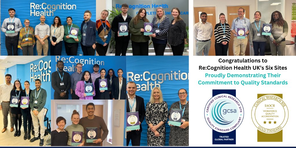 GCSA_Certified's tweet photo. @ReCogHealth proudly displaying their quality marks having become the first UK network of #clinicaltrial sites to achieve @IAOCR #WQA Gold Standard as well as re-certification for @GSCA. This team is committed to industry-leading standards. Learn more: https://t.co/2cr1NbhQZe https://t.co/heLnAPQDvJ