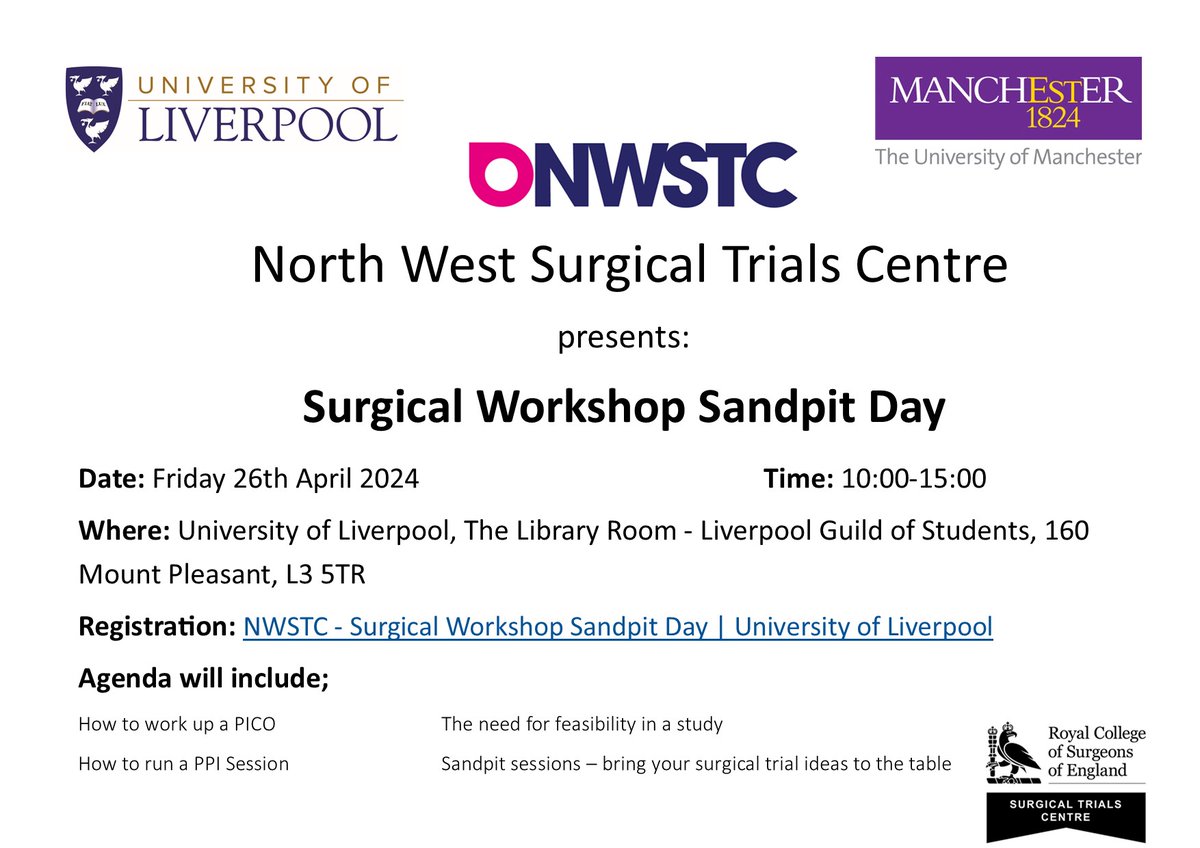 We are pleased to share the details for our next Surgical Workshop Sandpit Day.  Register here: rb.gy/e1jw39 #NWSTC #Surgicaltrials #surgeons #liverpool #manchester #northwestengland