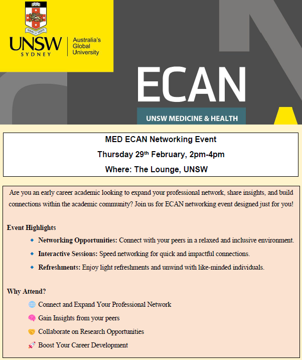 We are excited to announce our first event for 2024! It will be a MED ECAN Networking Event at the Lounge @UNSW Fantastic way to expand your network, collaborations and make new friends! Register here events.humanitix.com/med-ecan-netwo… @UNSWoptomvsci @UNSWMedicine @UNSWMedEdGroup @unsw_ecan