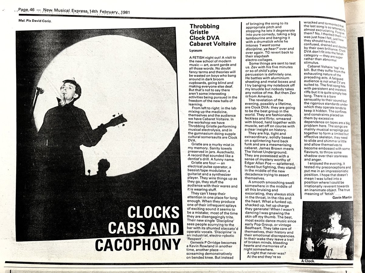 Cabaret, Voltaire, Throbbing Gristle, Clock DVA.
Live review by Gavin Martin.
Pics by David Corio.
New Musical Express, 14 February 1981.
@rogerquail @ThrobbingGrstle @ChrisAndCosey @coseyfannitutti @chris_carter_