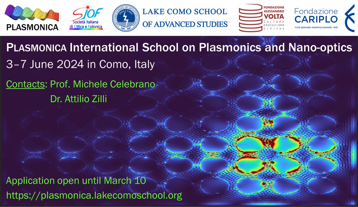 💥Save the date #International #School of #Plasmonics and #Nanooptics will be held 🗓️𝗝𝘂𝗻𝗲 𝟯-𝟳/𝟮𝟰, Como 🇮🇹 The event is co-sponsored and hosted by the Lake Como School in Villa del Grumello 👉Registration until March 10, 24 Info & registration 🔗plasmonica.lakecomoschool.org