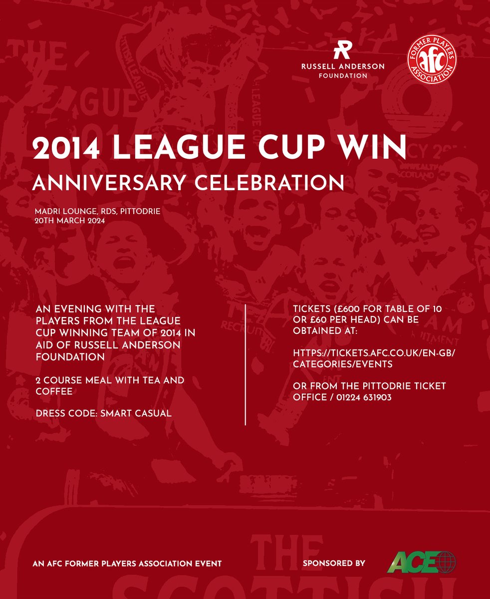 RADevSchool's tweet photo. 🏆  Celebrate the 10th anniversary of Aberdeen’s 2014 League Cup win! 🏆
 
March 20th, 2024 at Madri Lounge, Pittodrie for a fun-filled event with the majority of the cup-winning squad. 

👉 Book now: https://t.co/jaVkdTcaL7
 
👉 Read the full story here: https://t.co/eV78ZR6Gcu https://t.co/sJH36yfLQU