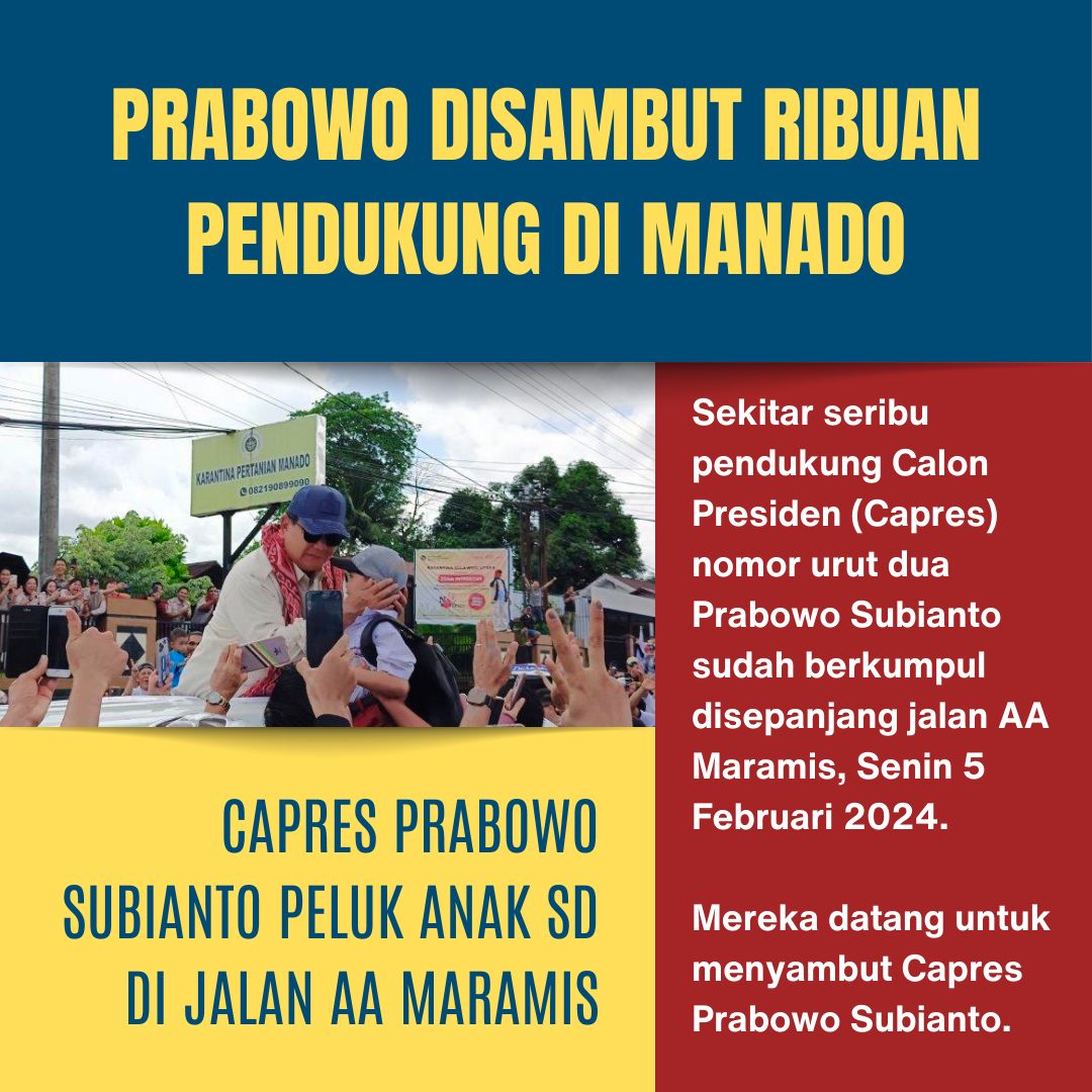 Prabowo Subianto, calon presiden nomor urut 2, menyapa sekitar 80 ribu penduduk Sulawesi Utara di Lapangan KONI Sario, Manado, Senin (5/2/2024) malam
Kehadiran Prabowo disambut meriah oleh puluhan ribu pendukung yang telah menantinya.#KenapaHarusPilih02