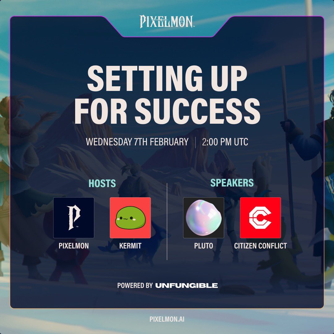 Pixelmon's tweet photo. SETTING UP YOUR BRAND FOR SUCCESS
Wednesday, 7 Feb, 2pm UTC / 10pm GMT+8

Join @crypto__kermit @GiulioXdotEth  @plutomisfits and @CitizenConflict on X Space as we discuss this 🔥 https://t.co/yjOBxoFtkv