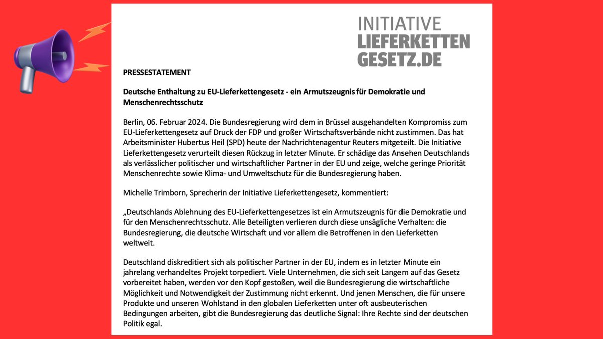 LieferkettenG's tweet photo. ☠️ Was für ein Armutszeugni!
Die Bundesregierung wird dem 🇪🇺 #Lieferkettengesetz nicht zustimmen.

🤬Alle verlieren - 🇩🇪 an Ansehen in der #EU, deutsche Unternehmen und die Menschen die weltweit für unseren Konsum arbeiten.  

📢 Unsere PRESSEMITTEILUNG 
https://t.co/XeQfRtBbyo https://t.co/lRfXG0ufnO