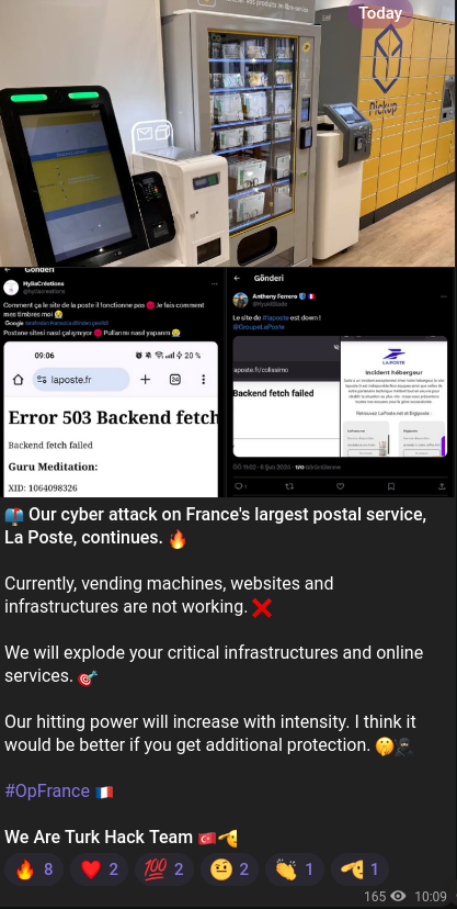 _SaxX_'s tweet photo. Le groupe de pirates Turk Hack Team 🇹🇷, qui a fait son apparition en février 2023, a annoncé mené une cyberattaque de type #ddos contre La Poste en France 🇫🇷
Sur le site officiel de https://t.co/JUS7akK9eu, un message indique un incident au niveau de l'hébergeur. Le site est indisponible depuis quelques heures.
Le même groupe hacktiviste annonce aussi que les automates/les bornes sont aussi inaccessibles. (information non vérifiée)
Question : J'ai raté un évènement dans l'actualité française qui fait qu'il y a ce regain de cyberattaques en tout genre ?🤔
Quoi qu'il en soit, restez vigilants au regard du nombre croissants d'attaques informatiques que l'on observe !
#opfrance
Cybèrement vôtre,
SaxX