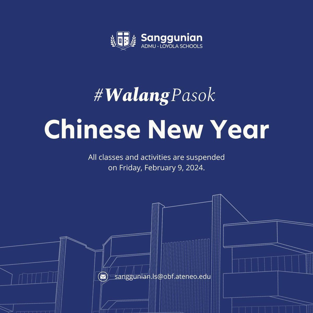 admusanggu's tweet photo. 新年快乐(Xīn nián kuài lè)!, Ateneans! 📣

In celebration of Chinese New Year, all classes and activities are suspended on February 9, 2024 (Friday).

If you have any questions or concerns, please contact us through our email sanggunian.ls@obf.ateneo.edu. https://t.co/RwZkwTU2Af