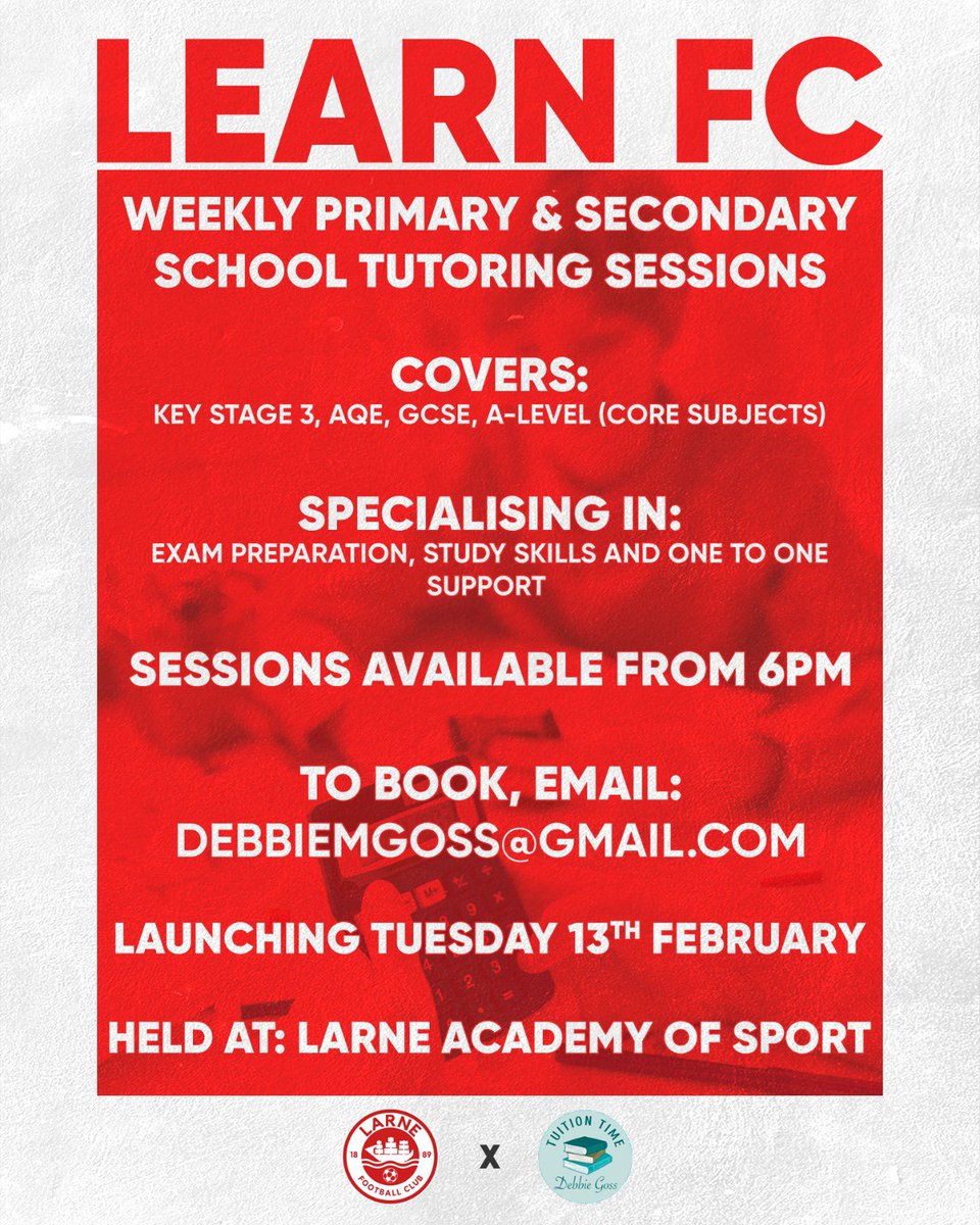 Larne Football Club (@larnefc) on Twitter photo Learn FC, in partnership with Tuition Time, is back at the Larne Academy of Sport next Tuesday ๐๐
Book your space today by emailing debbiemgoss@gmail.com ๐ง
#WeAreLarne #ForTheTown Learn FC, in partnership with Tuition Time, is back at the Larne Academy of Sport next Tuesday ๐๐
Book your space today by emailing debbiemgoss@gmail.com ๐ง
#WeAreLarne #ForTheTown