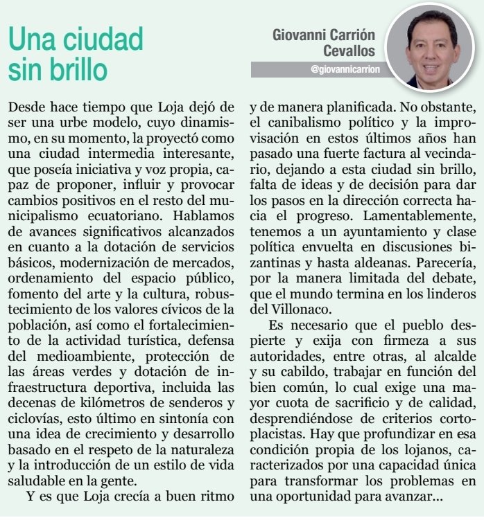 GiovanniCarrion's tweet photo. Buenos días. Comparto mi opinión: Una ciudad sin brillo.

Vía @HORA32LOJA https://t.co/yBNsDWcEol