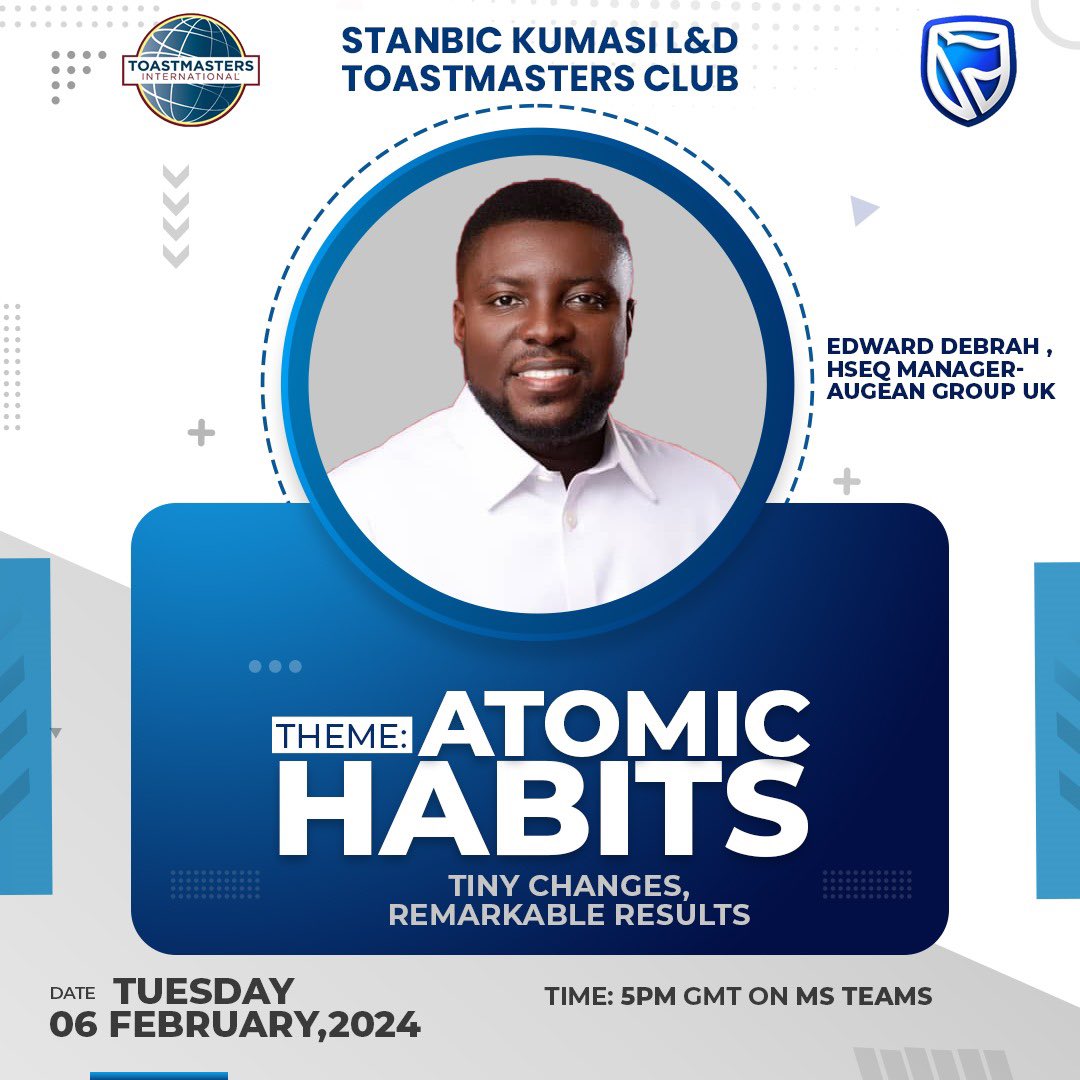 theeddiedebs's tweet photo. This evening, I get to share a few bits with @StanbicBankGH and the @Toastmasters on #atomichabits.
Always exciting giving back.
Thank you @StanbicBankGH 🙏🏻
#safetyguy https://t.co/xoVzfpyEgQ