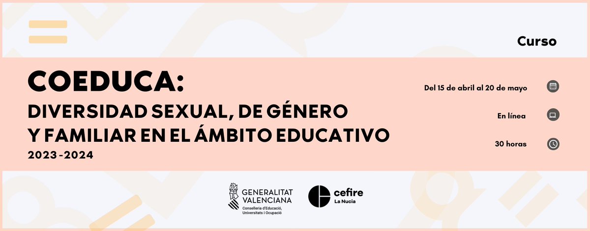 GVA_Cefire's tweet photo. ☝🏻🔊Inscripción abierta para el curso #COEDUCA: "Diversidad sexual, de género y familiar en el ámbito educativo"
✍️ Hasta el 25 de marzo
🗓️ Del 15 de abril al 20 de mayo
🕰️ 30 horas
➕ℹ️✍️👇
🔗https://t.co/lrkjtUHuh0
#CEFIRELaNucia https://t.co/Wm1Z0zVSSk