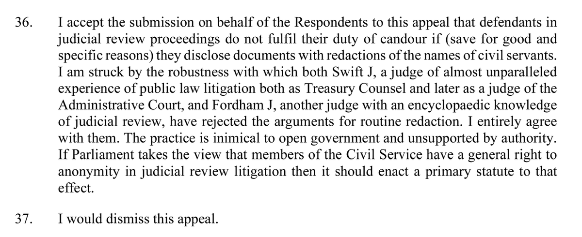Appeal dismissed. Gov cannot routinely redact names of civil servants - need good and specific reasons to derogate from duty of candour. If Parliament thinks otherwise, it should legislate. SSHD v IAB [2024] EWCA 66 Civ Chris Knight (@knightinawig) appeared for the Respondents