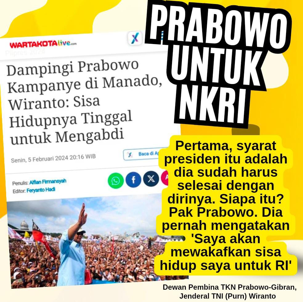 Prabowo disebut Wiranto sebagai tokoh yang sudah selesai dengan dirinya sendiri. 
Wiranto kemudian mengutip pernyataan Prabowo yang pernah menyebut akan mewakafkan dirinya untuk bangsa dan negeri ini. #KenapaHarusPilih02