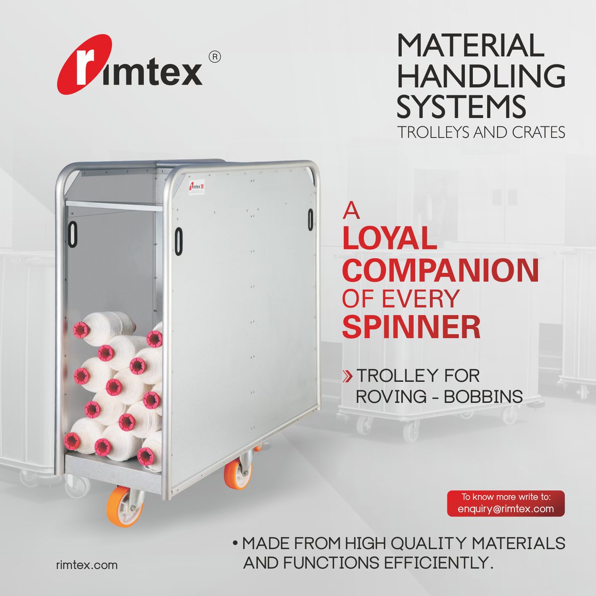 RimtexIndia's tweet image. Rimtex #Trolley for Roving-Bobbins is made from high-quality materials and functions efficiently, it is truly a loyal companion of every #spinner.

Know more about Rimtex #MaterialHandlingSystems for #TextileIndustry here: rimtex.com/textile-trolle…

#Trolley #Crates #Bobbins