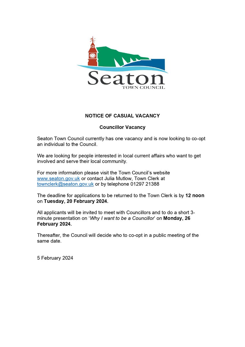 Councillor vacancy for Seaton Town Council