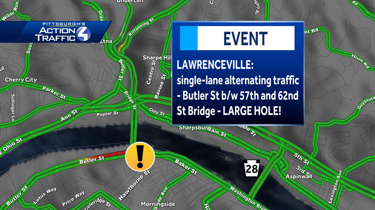 HAPPENING NOW -- 6:40a

There's a large hole in the roadway on busy Butler St in Lawrenceville. You're dealing with single-lane alternating traffic between 57th and the 62nd St Bridge. Slow downs are heavy!
#wtaetraffic