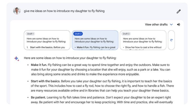 alifcoder's tweet image. 4. Multiple drafts

Bard can produce a wide variety of responses, even when presented with identical or similar prompts and questions.