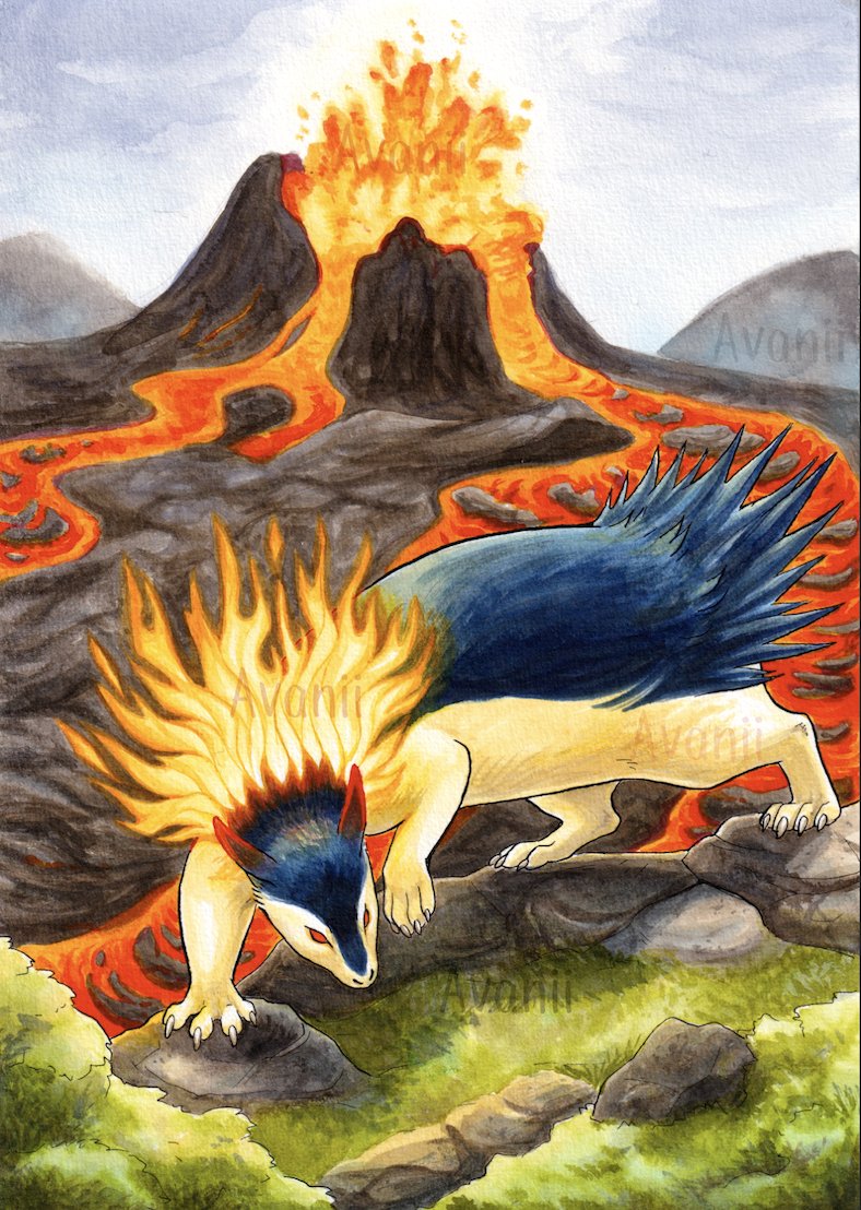 The Volcano Pokemon 🌋
My first full-background painting with acrylic inks, featuring two of my current favourite things! I think Typhlosion would do well in the Icelandic landscape I based this painting on (precisely, the Fagradasfjall eruption). Time taken: some 9 hours.