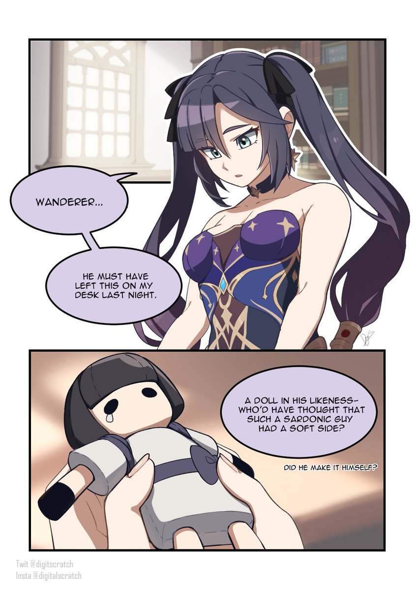 DigitScratch's tweet photo. (1/2- Scrmn and the Doll- Read Left to Right)

An actual comic layout? Oh My 🫠

I think it's cute that Scaramouche remade the sick child's doll and now carries it around

I also just wanted to draw Mona being silly

#scaramona #wandermona #スカモナ #GenshinImpact #原神 https://t.co/psKGTy4vVz