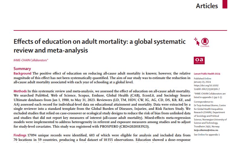 darosselli's tweet photo. PREGUNTA DE EXAMEN FINAL

Lancet acaba de publicar una revisión sistemática con datos de 59 países (incluyendo a Colombia) que concluye que la escolaridad se asocia con un aumento de la esperanza de vida, incluso ajustando por otras variables como nivel socioeconómico.  👇🧵 https://t.co/NmBSzIFdzt