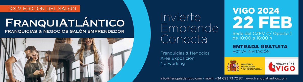 💼Nos vemos en <a href="/franquivigo/">FranquiAtlántico & Emprendedor</a> el 22 de febrero, la feria de la #franquicia que se celebrará en la sede de <a href="/zonafrancavigo/">Zona Franca Vigo</a> en la rúa Oporto. En la <a href="/camarapvv/">Cámara PVV</a> participamos como patrocinadores y con un stand.
Inscríbete aquí: clicaqui.es/2BkHb