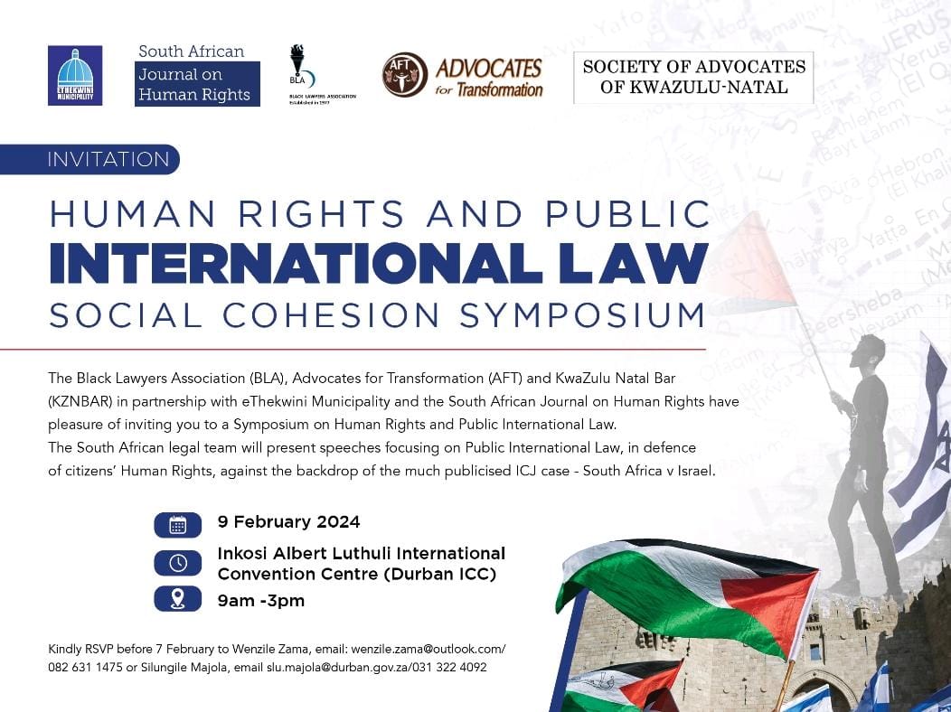 Breaking news! @SAJHR_ZA is co-sponsoring a symposium on #HumanRights & #InternationalLaw (IL) in Durban this coming Friday, 9 February 2024. Bringing together international lawyers, incl. members of #southafrican legal team who argued our #genocide case against #Israel at the...