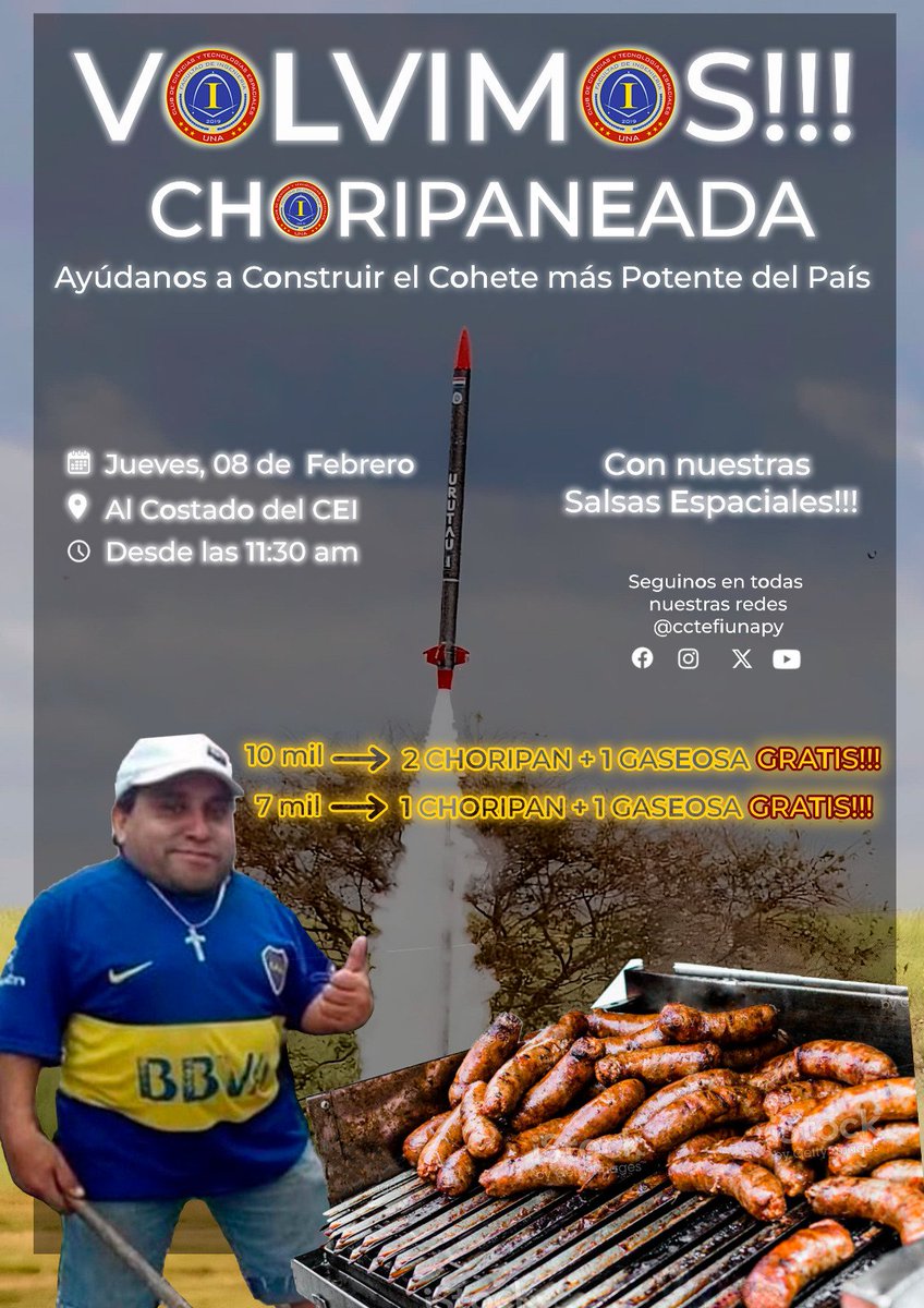 🚀Choripaneada para el CCTE🛰
Este año tenemos nuevos y emocionantes desafios🤩🚀
Apoyanos para lograr competir en el Latin American Space Challenge 2024 este Agosto!
📍Lugar: Frente al CEI
🕧Hora: 11:30h
Conocé más del club y del proyecto: instagram.com/cctefiunapy/