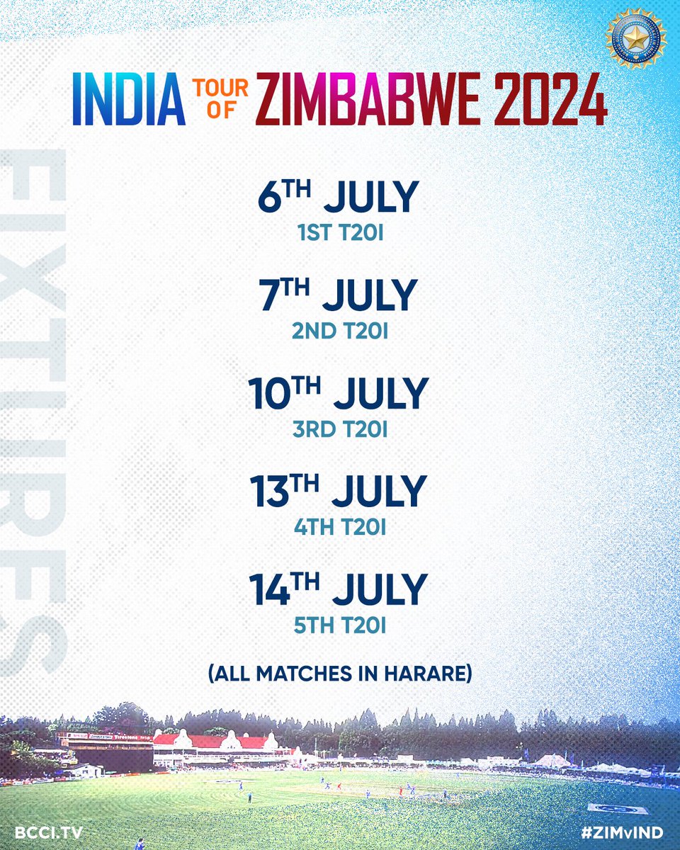 BCCI's tweet photo. India Tour of Zimbabwe 

🗓️ July 2024
5⃣ T20Is 🙌
📍 Harare 

More details 👉 https://t.co/lmtzVUZNCq

#TeamIndia | #ZIMvIND https://t.co/CgVkLS8JIB