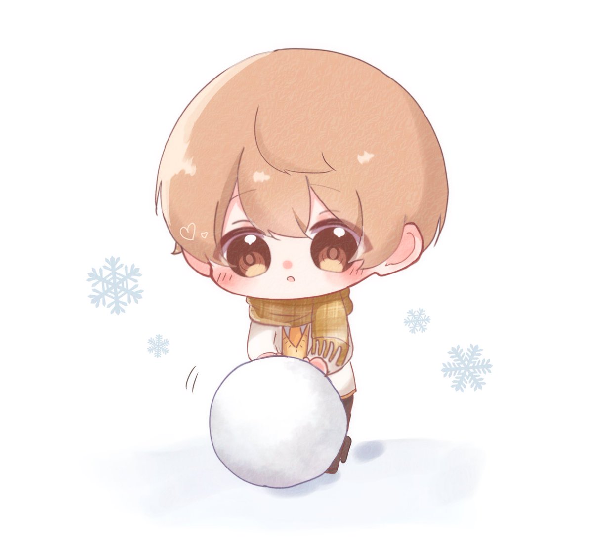 1boy male focus scarf chibi solo snowflakes brown eyes  illustration images