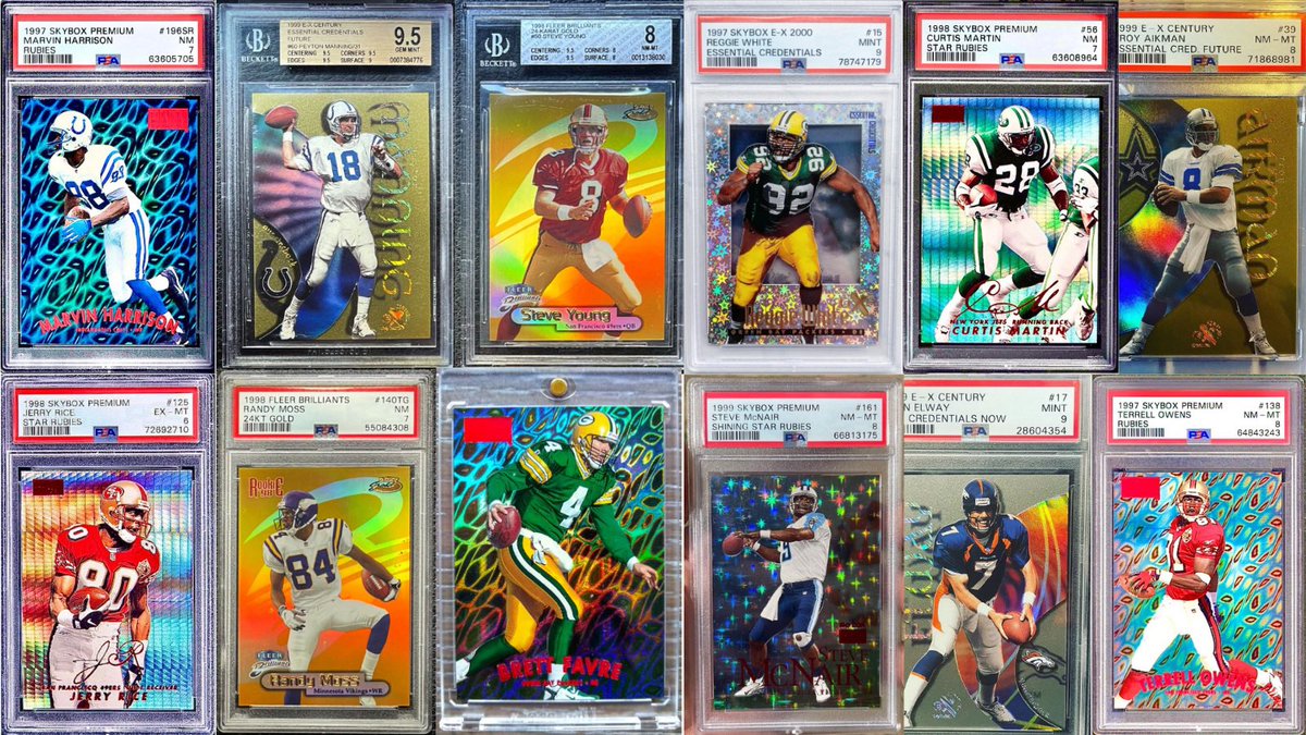 roroweber1's tweet photo. 🙋‍♂️ Which special late ‘90s 🏈 card in this lot would you most want to own?
 
I have been working w/ my friends at @NextGemApp to map out as many of the Credentials, Rubies, & 24KTs of HOF players as we can. The following is a small fraction of what we’ve been able to find. Interested in a specific player or team? Let me know & we can likely help.
