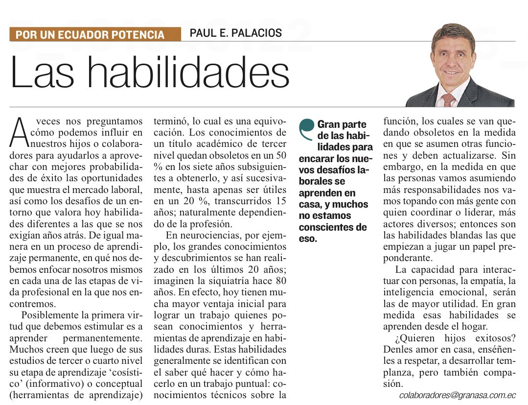 PaulEPalacios's tweet photo. Las habilidades para el aprendizaje: cuáles en qué momento. Mi columna de @Expresoec de hoy. https://t.co/C4wklvSz7t