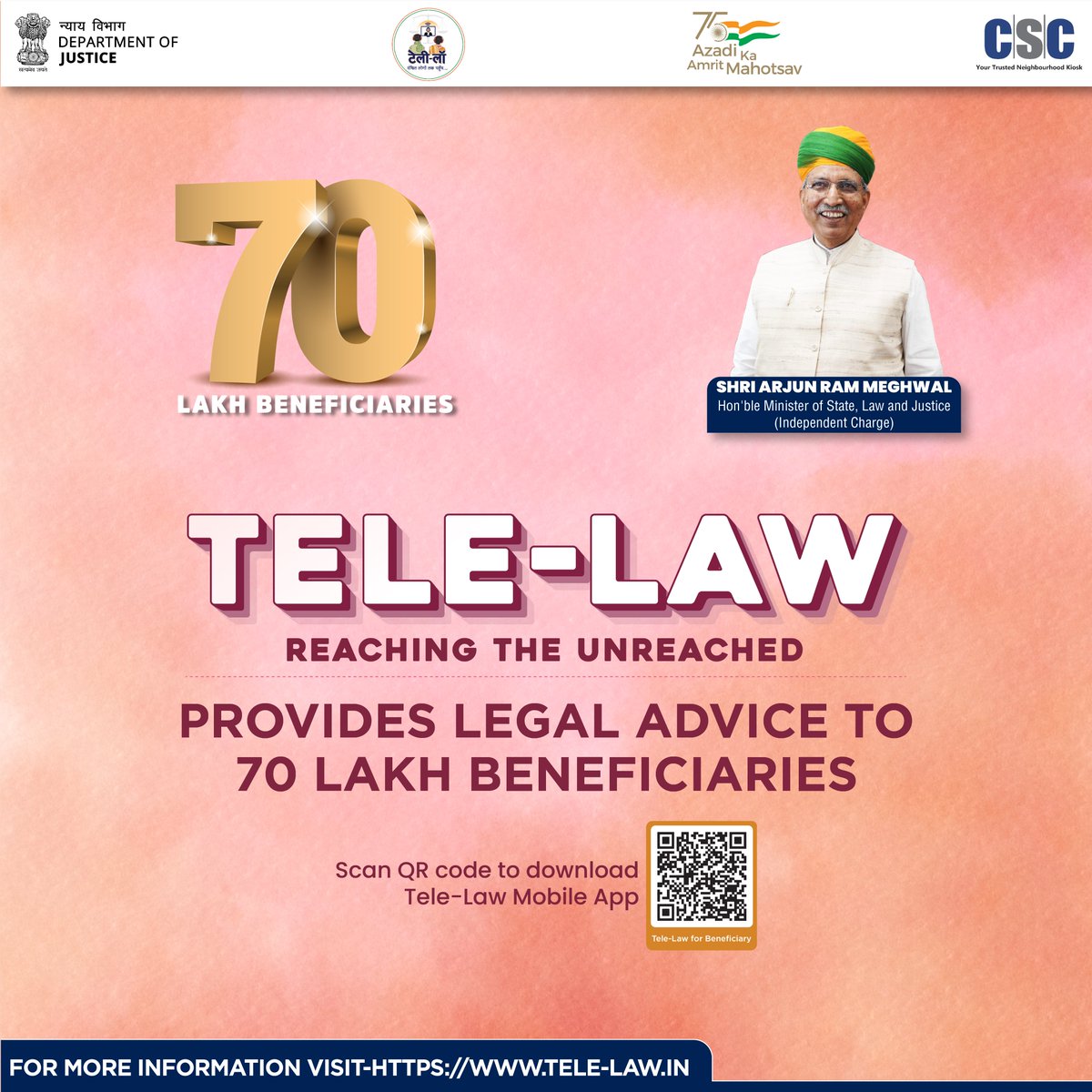 CSCegov_'s tweet photo. Department of Justice’s #TeleLaw program has provided pre-litigation advice to over 70 lakh beneficiaries across the nation, by the Panel Lawyers through video conferencing/telephonic facilities available at #CSC centers and through the Tele-Law Mobile App.

#DOJ @naveensharmacsc https://t.co/rnxCFcGQNb