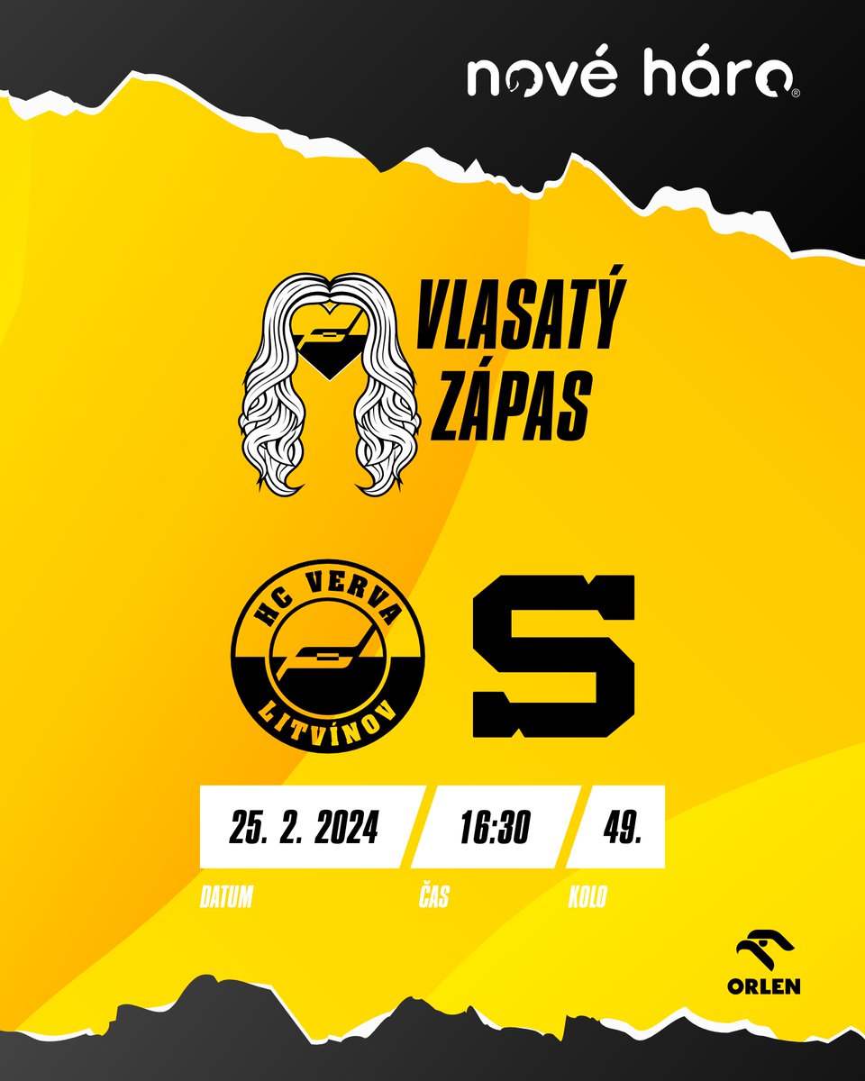 hcverva's tweet photo. 🖤💛 Charitativní utkání Vlasatý zápas odehrajeme proti @HCSpartaPraha v neděli 25. února od 16:30. Tento speciální duel si totiž pro své vysílání vybrala @sportCT. #chemici #litspa https://t.co/jTydBttU4F