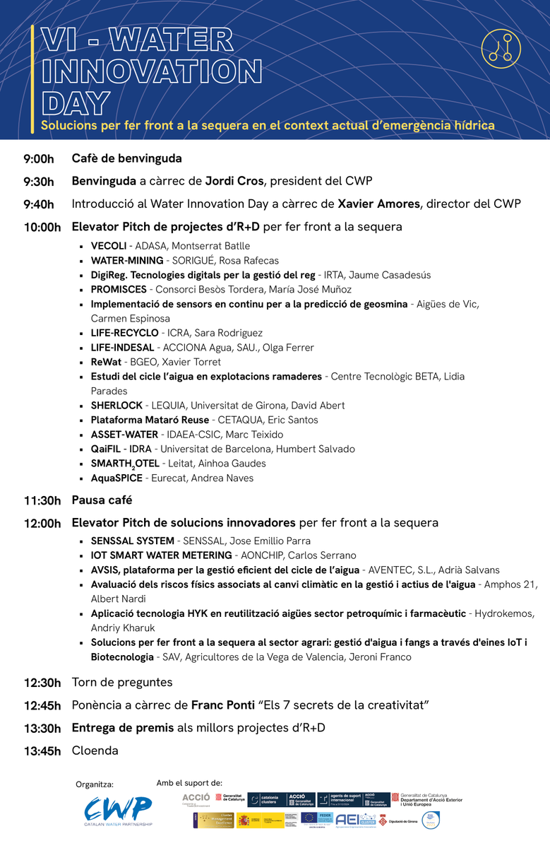CatalanWaterP's tweet photo. @adasasistemas @sorigue_ @irtacat @consorcibesos @IcraWater @ACCIONA @bgeo_opengis @BETA_TechCenter @univgirona @CETAQUA @IDAEA_CSIC @UniBarcelona @Leitat @Eurecat_news ⬇️Elevator pitch de solucions innovadores⬇️
#Senssal 
#Aonchip 
#Aventec
@amphos_21
@HydrokemosSL
#SAV, Agricultores de la Vega https://t.co/8teLtnwu6Y