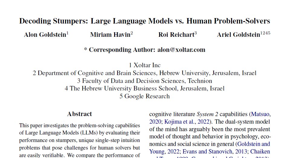 Alon Goldstein (@goldsteinalon_) on Twitter photo 1/9: Our recent study, Decoding Stumpers: Large Language Models vs. Human Problem-Solvers, was published in #EMNLP2023. Alon Goldstein, <a href="/MiriamHavin/">Miriam Havin</a> , <a href="/roireichart/">Roi Reichart</a> & <a href="/GoldsteinYAriel/">Ariel Goldstein</a> 1/9: Our recent study, Decoding Stumpers: Large Language Models vs. Human Problem-Solvers, was published in #EMNLP2023. Alon Goldstein, <a href="/MiriamHavin/">Miriam Havin</a> , <a href="/roireichart/">Roi Reichart</a> & <a href="/GoldsteinYAriel/">Ariel Goldstein</a>