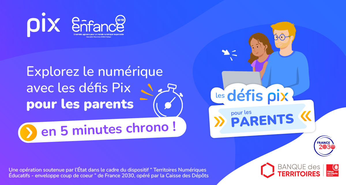 À l'occasion du #SaferInternetDay, Pix et <a href="/eenfance/">e-Enfance/3018</a> lancent les défis Pix pour les parents : 5 minutes pour apprendre et découvrir de bonnes pratiques pour mieux guider ses enfants dans le monde du numérique. 🚀
Prêt(e) à relever le défi ? 🎉
👉 bit.ly/3HVqE8t