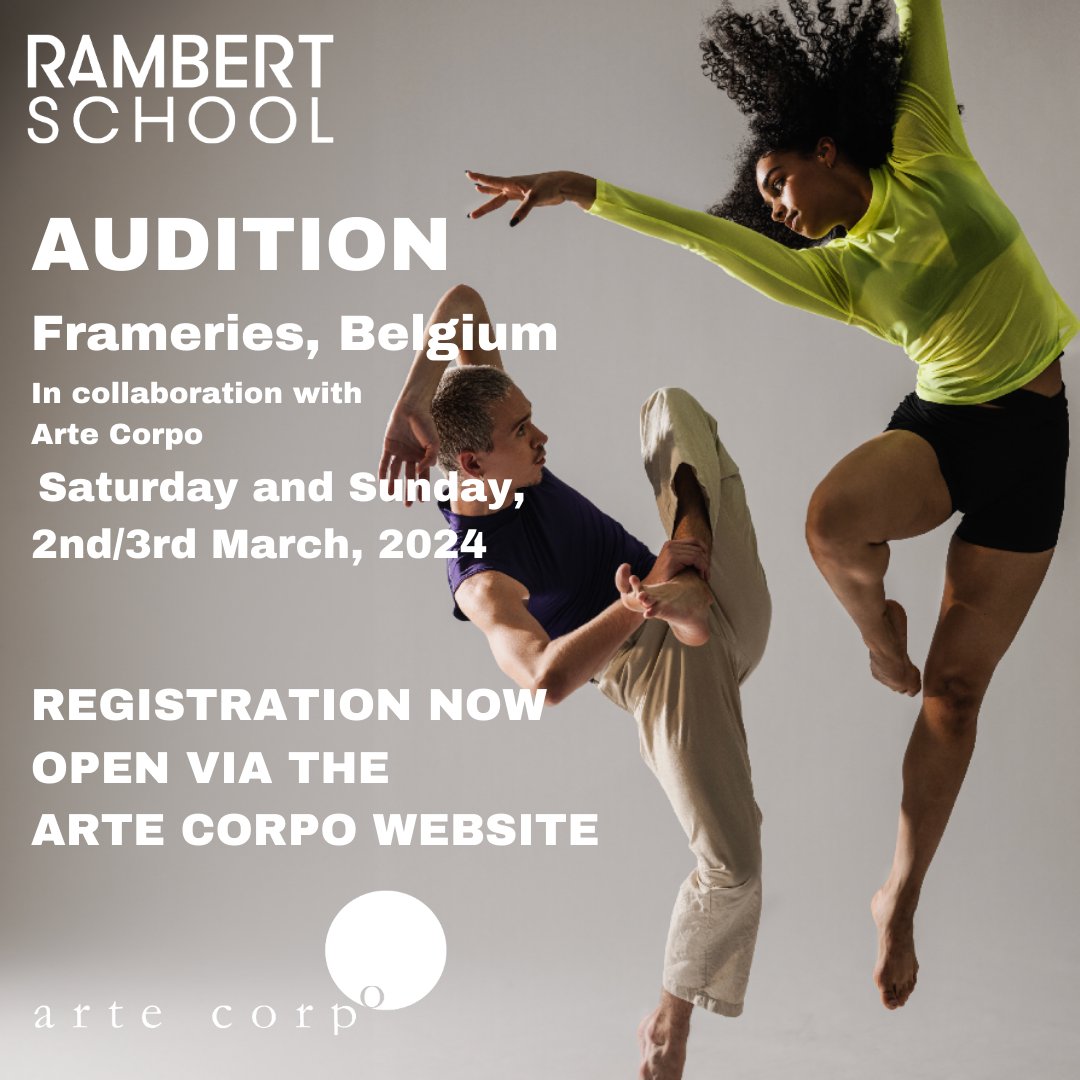 #auditioninfo Rambert School is coming to Belgium! Our international audition tour continues this March in Frameries, Belgium with auditions held at Arte Corpo. Full information can be found on the Arte Corpo website: artecorpo.be/rambertschool/