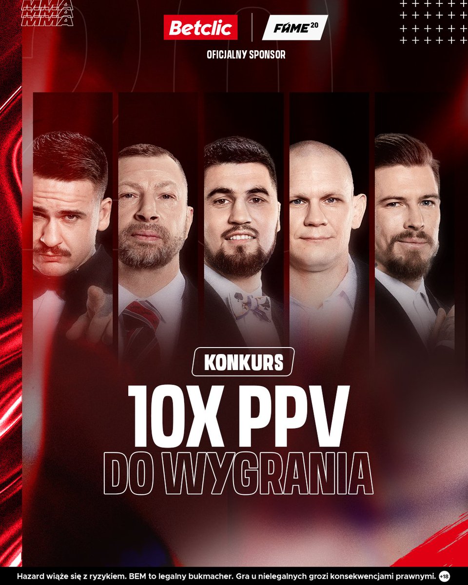 BetclicPolska's tweet image. 💥KONKURS💥

🎁 10x kod PPV na #famemma20 

Zasady:
🔎 obserwuj @BetclicPolska 
🔁 retweet
✍️ w komentarzu pokaż za pomocą emoji, komu kibicujesz na gali FAME 20 i dodaj #KonkursBetclic

⚠️Czas do 7.02, godz. 12:59
🔞 Konkurs dla osób pełnoletnich.

Regulamin w opisie.