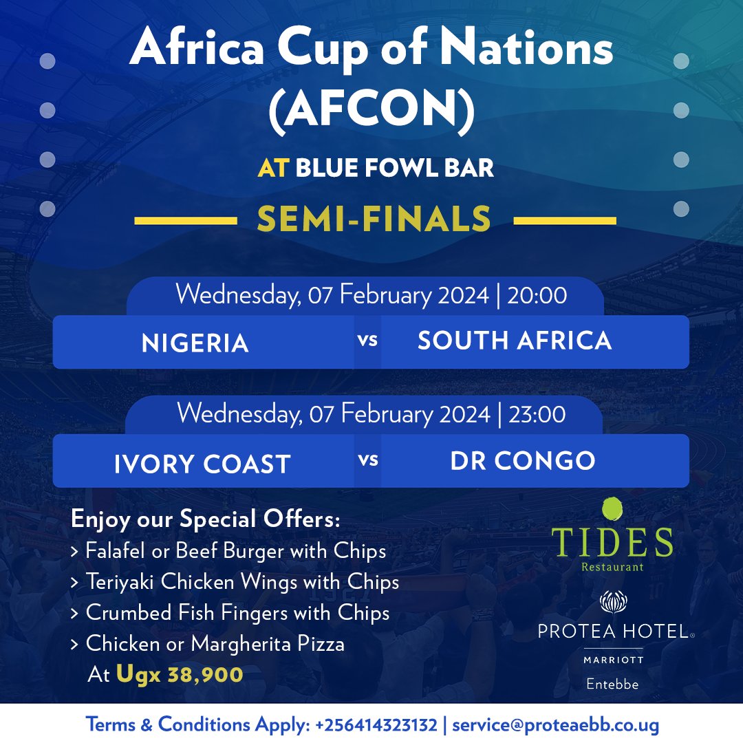 ProteaEntebbe's tweet photo. Join us tomorrow at #BlueFowlBar for an electrifying Semi-Finals showdown of Africa Cup of Nations (AFCON)! โฝ
Don't miss out on our special offers while you cheer for your favorite teams! ๐
#ProteaEntebbe #AFCON #SemiFinals https://t.co/wxgGb3PkRf