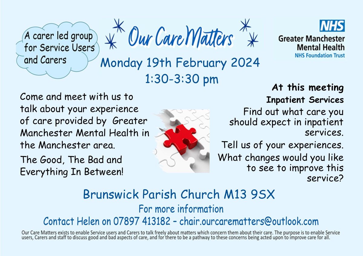 You can share your feedback about inpatient mental health services in Manchester at the next 'Our Care Matters' meeting. 📅 19 February 2024 🕐 1:30 - 3:30pm 📍 Brunswick Parish Church, M13 9SX. If you have any questions, please contact: chair.ourcarematters@outlook.com
