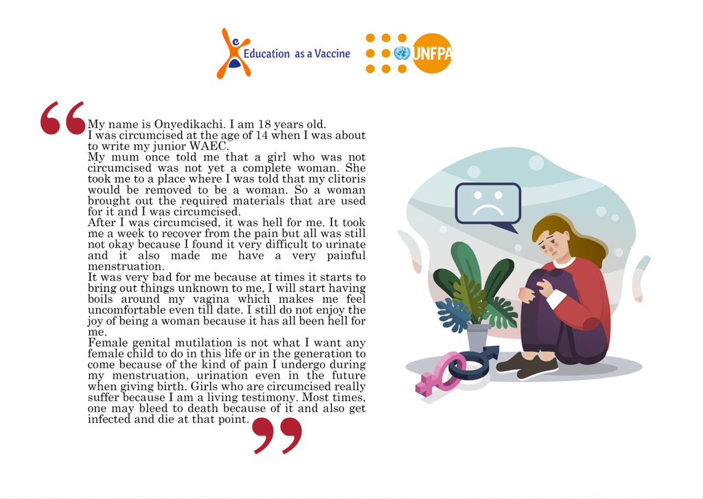 Let Her Voice be heard and Her Future secured.  END FEMALE GENITAL MUTILATION 
#SRH4U
#EndFGM 

<a href="/EVA_Nigeria/">Education as a Vaccine Nigeria</a> <a href="/UNFPANigeria/">UNFPA Nigeria</a> <a href="/NorAmbNigeria/">Svein Baera</a>