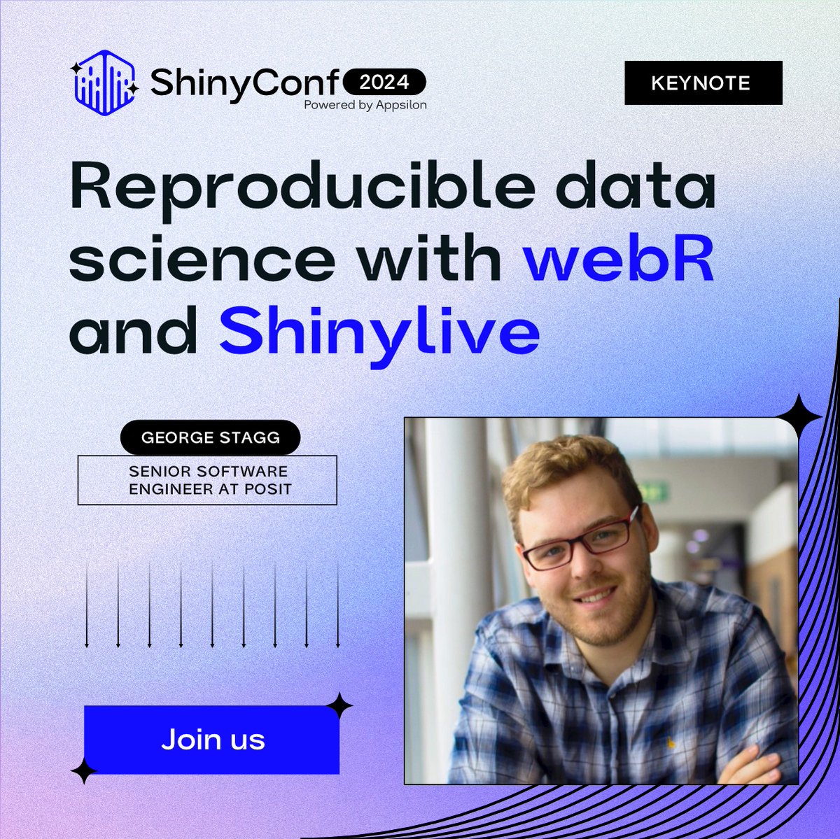 Next <a href="/ShinyConf/">ShinyConf</a> keynote speaker is… George Stagg, Senior Software Engineer at <a href="/posit_pbc/">Posit PBC</a>! Tune in for "Reproducible Data Science with webR and Shinylive." Learn strategies for seamless research reproducibility. Register now for early bird prices: go.appsilon.com/register