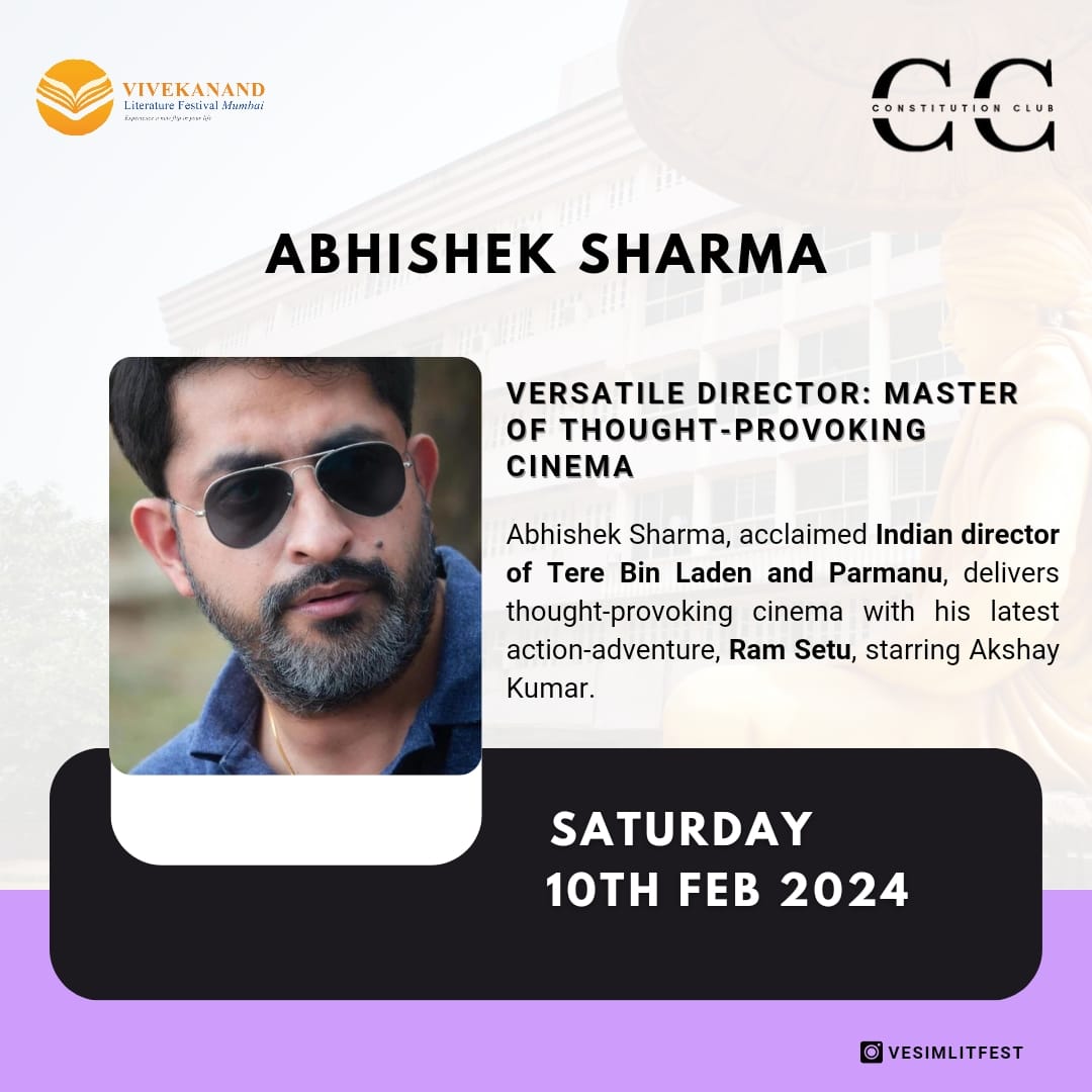 Excited to welcome the brilliant filmmaker Abhishek Sharma to the VLF! Join us for a captivating journey through his lens, exploring contemporary issues with a touch of entertainment and storytelling. From Tere Bin Laden to the patriotic hit Parmanu, and Ram Setu. #VLF2024