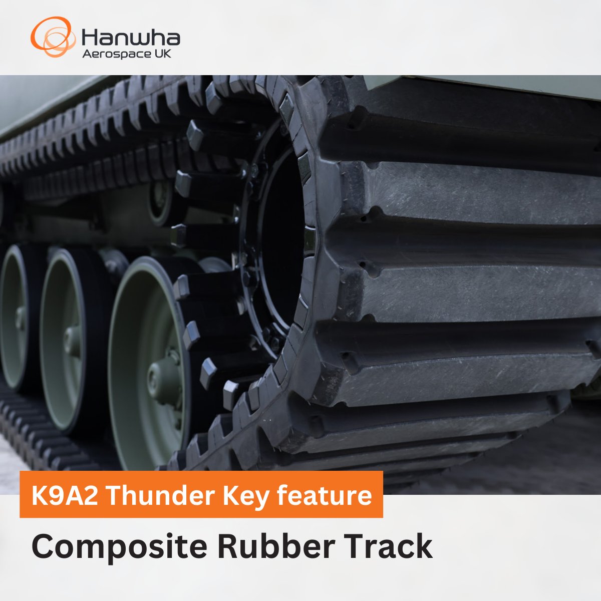 Hanwha_UK's tweet photo. 🤝 We’ve partnered with @DefenseSoucy to equip our #K9A2Thunder with their #CompositeRubberTrack system that:
✅ increases tactical &amp; strategic mobility, 
✅ reduces need for maintenance,
✅ enhances survivability, and 
✅ reduces operating costs. 
[1/3] https://t.co/I3zN4b943v