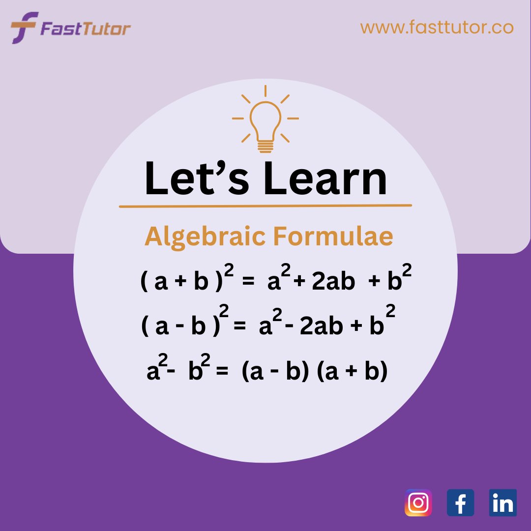 itsfasttutor's tweet image. Let&apos;s Learn.......😊.
Important algebraic formulae.

#mathmagic #quadraticformula #solvingequations #arithmeticprogression #education #studytwt   #Mathformula #mathtricks #Algebra