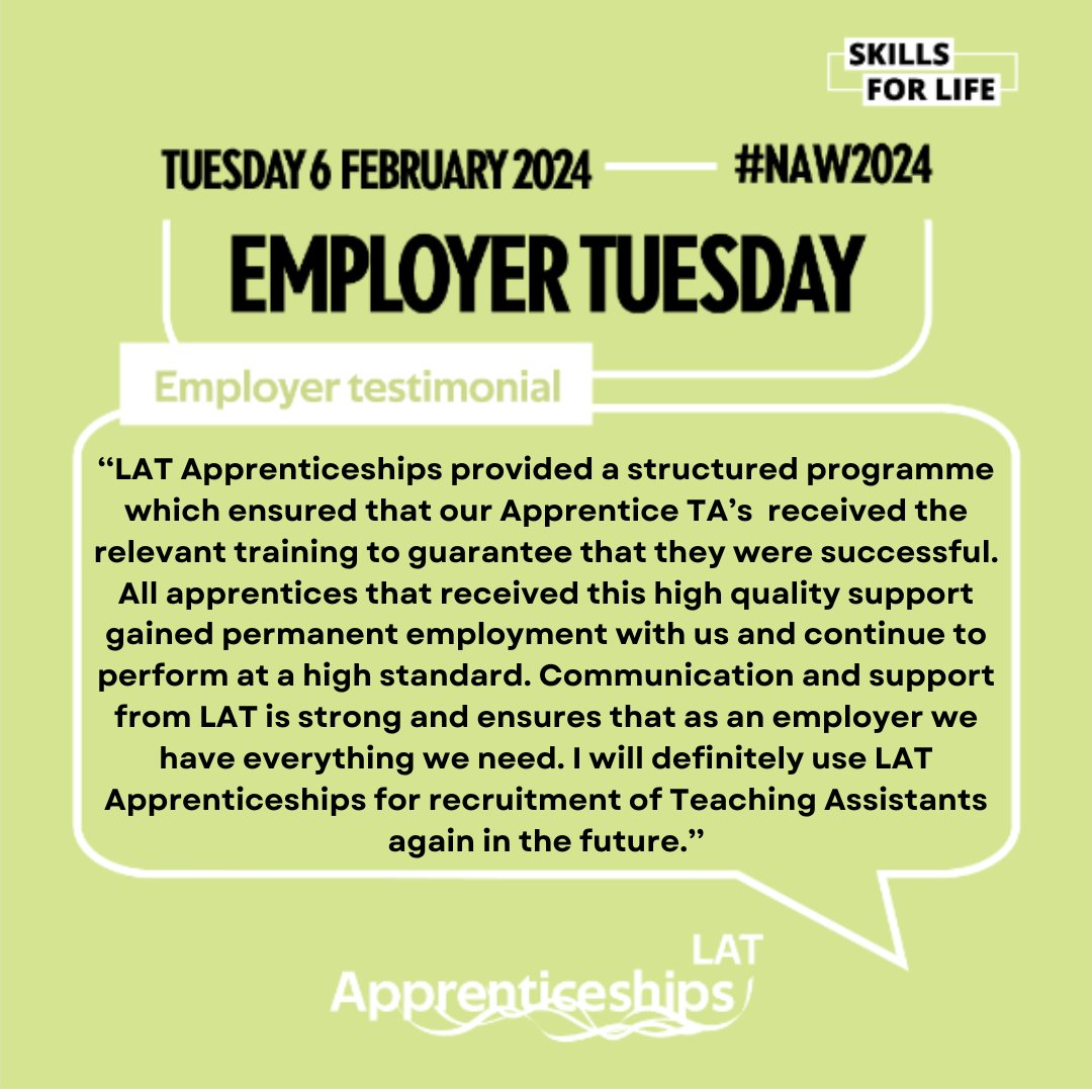🌟 Happy National Apprenticeship Week! 🌟

Today is 'Employer Tuesday,' and we're excited to share a fantastic testimonial from one of our valued employers who partnered with LAT Apprenticeships to welcome talented apprentices into their team!

#NAW2024 #LATApprenticeships